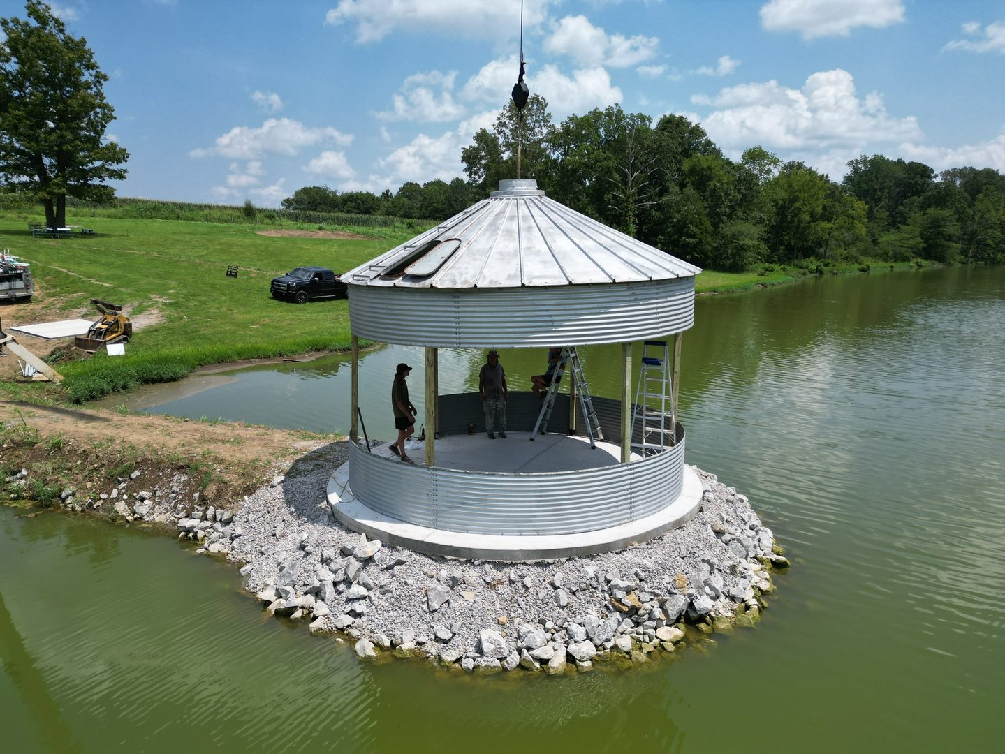Aerial view of the grain-bin gazebo at the lake's edge